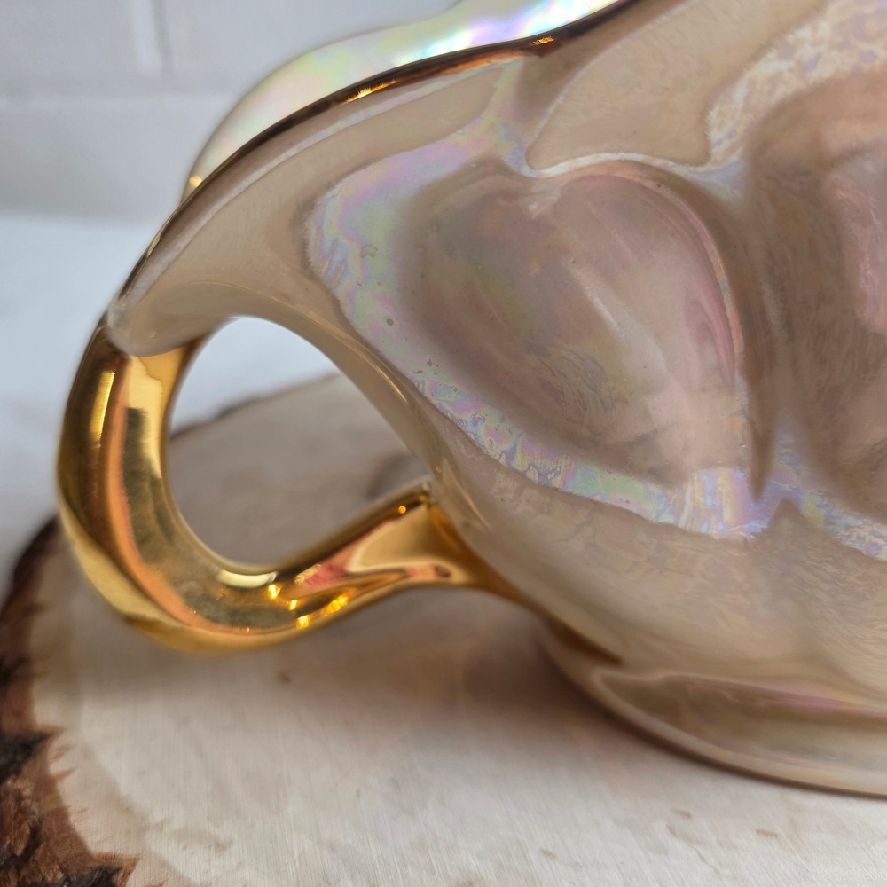 1940s Pearl China Iridescent Console Bowl Scalloped 22K Gold Plated Trim Handles - Picture 2 of 10
